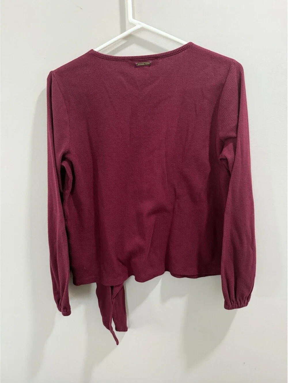 MICHAEL Michael Kors Burgundy Solid Knit Round Neck Balloon Sleeve Tie Hem M